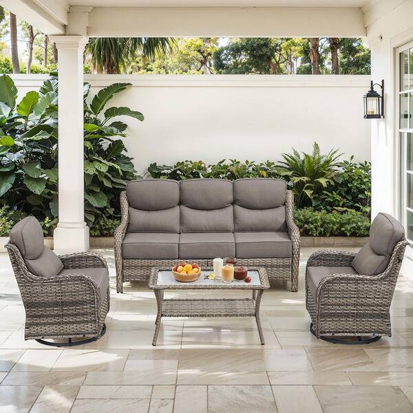 JHXL Gray 4-Piece Patio Conversation Set Outdoor Sofa Set Swivel Glider Chair With 6 in. Gray Cushions