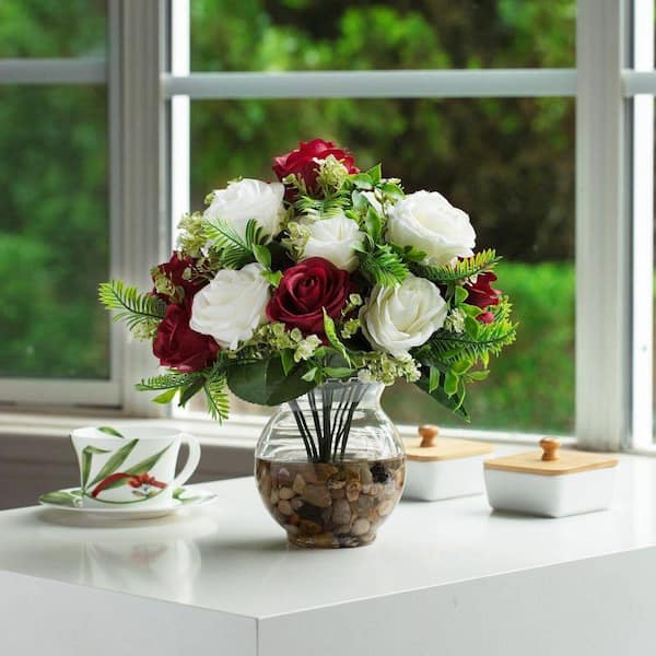 13 in. Red Indoor Artificial Rose Flowers Arrangement in Glass Pot