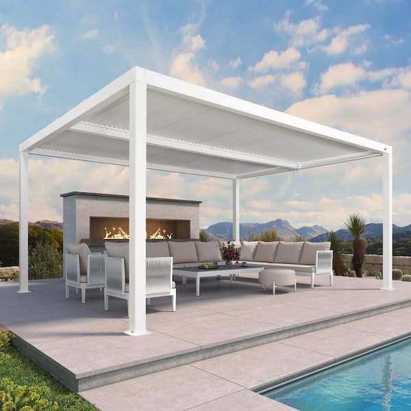 PURPLE LEAF 12 ft. x 16 ft. White Aluminum Frame Outdoor Hardtop Louvered Pergola with Adjustable Rainproof Roof and In-Built Gutter