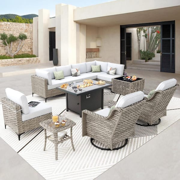 OVIOS Supery Gray 11-Piece Wicker Rectangle Fire Pit Patio Conversation Set with Gray Cushions and Swivel Chairs