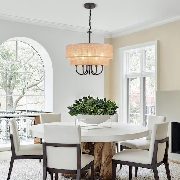 5-Light Black Farmhouse Drum 2-Tier Chandelier with Fabric Shade Hanging Pendant Light for Entryway Kitchen Island