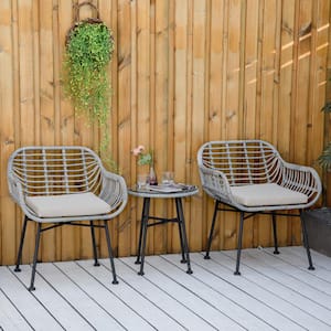 Modern Style Gray 3-Piece Metal Round Outdoor Bistro Set with Hand-Woven Resin Wicker, Tempered Glass in White Cushions