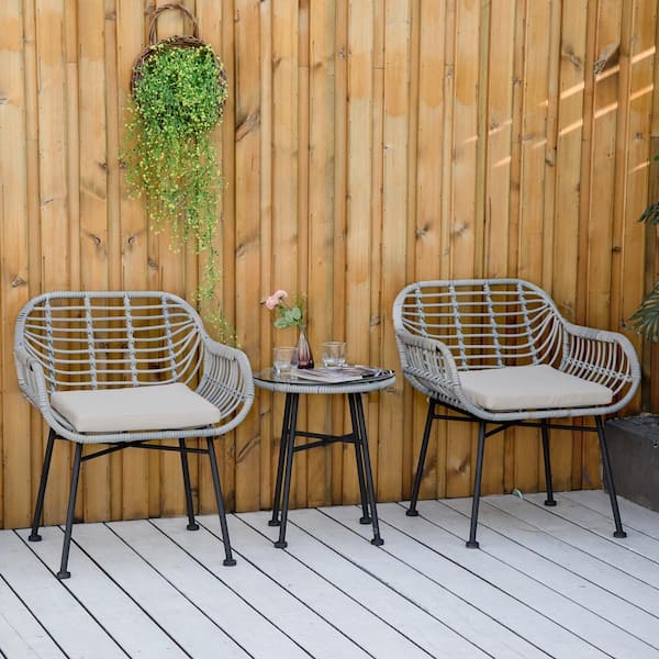 Misopily Modern Style Gray 3-Piece Metal Round Outdoor Bistro Set with Hand-Woven Resin Wicker, Tempered Glass in White Cushions
