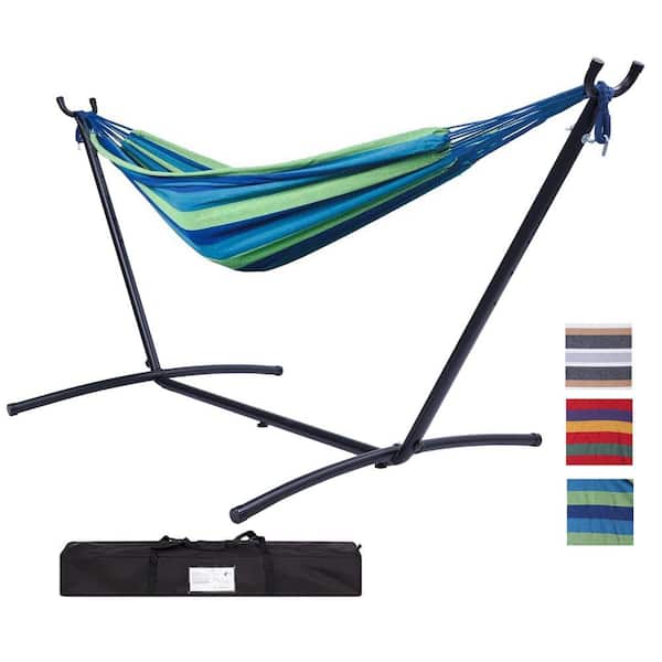 Afoxsos 9 ft. Portable Double Classic Hammock with Stand-Indoor or Outdoor Use-with Powder-Coated Steel Frame in Blue Striped