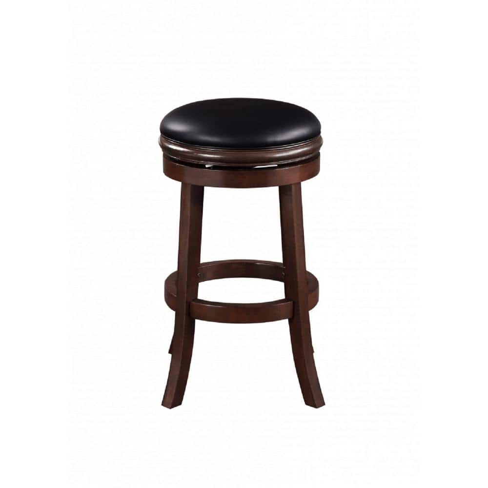 Cappuccino Wood and Black Leather Swivel Backless Bar Stool