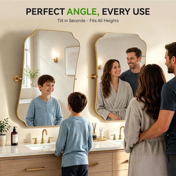 ADA 20 in. W x 30 in. H Novelty/Specialty Framed Tilt Wall Bathroom Vanity Mirror in Brushed Gold, Wheelchair Accessible
