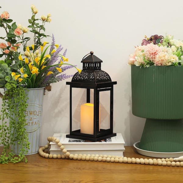 15 in. x 5 in. Black Metal Vintage Lantern with LED Candle