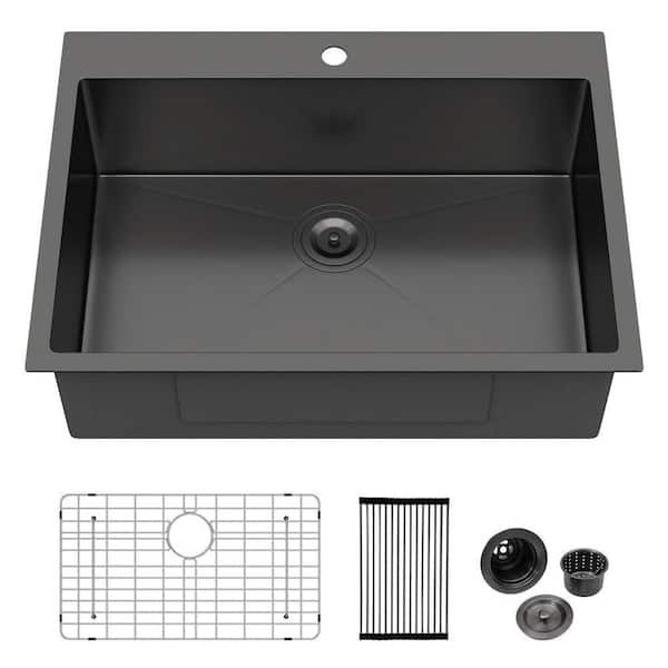 30 in. Drop-In Sink Single Bowl 18 Gauge Gunmetal Black Stainless Steel Kitchen Sink with Accessories