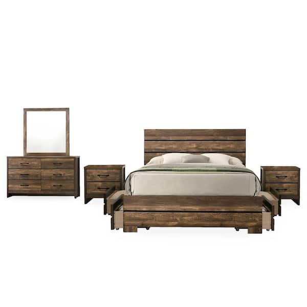 Furniture of America Olala 5-Piece Light Walnut Solid Wood California King Bedroom Set
