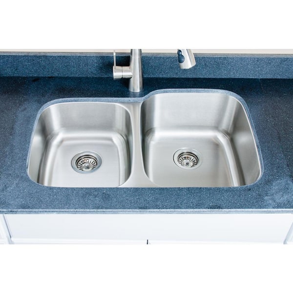 TopZero 18-Gauge Stainless Steel 32 in. Double Bowl Undermount Rimless Kitchen Sink with low-divider, Silver