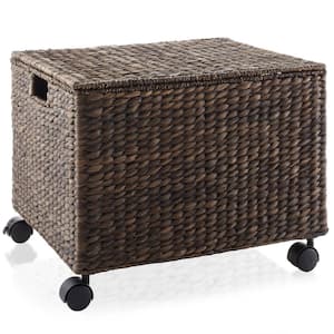 Brown Espresso 18 in. x 14 in. Wicker Water Hyacinth Decorative Basket Rolling Filing Cabinet File Organizer