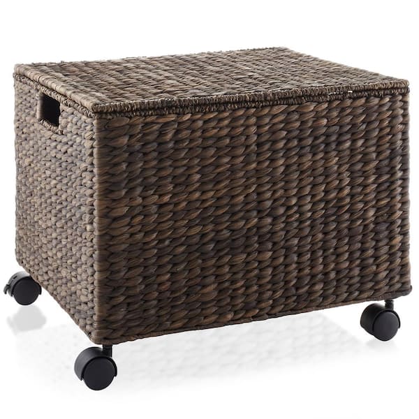 Casafield Brown Espresso 18 in. x 14 in. Wicker Water Hyacinth Decorative Basket Rolling Filing Cabinet File Organizer