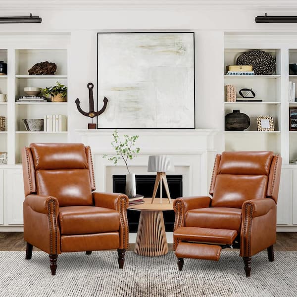 30 in. Brown Modern Genuine Leather Recliner Chair Nailhead Trim Adjustable Push Back Recliner with Footrest (2-pack)