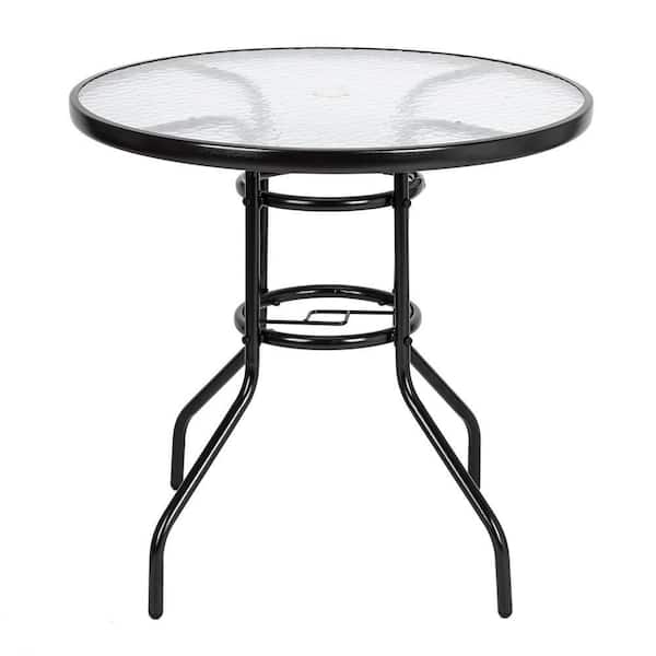 cenadinz Metal Outdoor Dining Table Round Toughened Glass Table Yard Garden