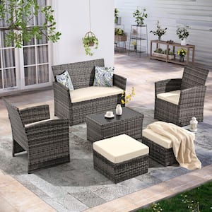 Gray Wicker 6-Piece Patio Rattan Furniture Set Cushioned Sofa Chair with Beige Cushions