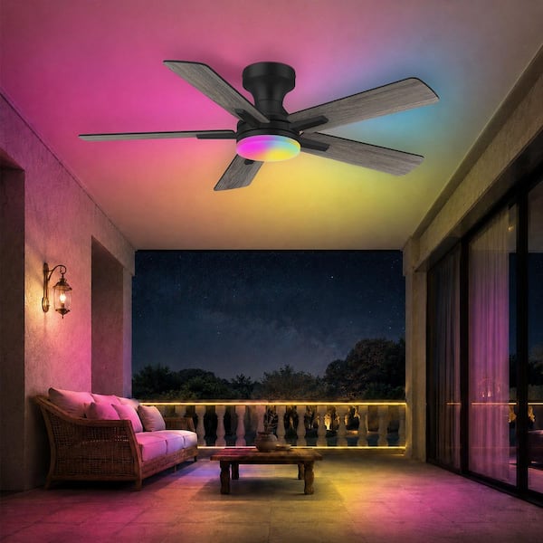 42 in. Smart Outdoor Indoor Black Flush Mount Ceiling Fan with RGB LED Lights and APP/Remote Control, Dimmable, 6-Speeds