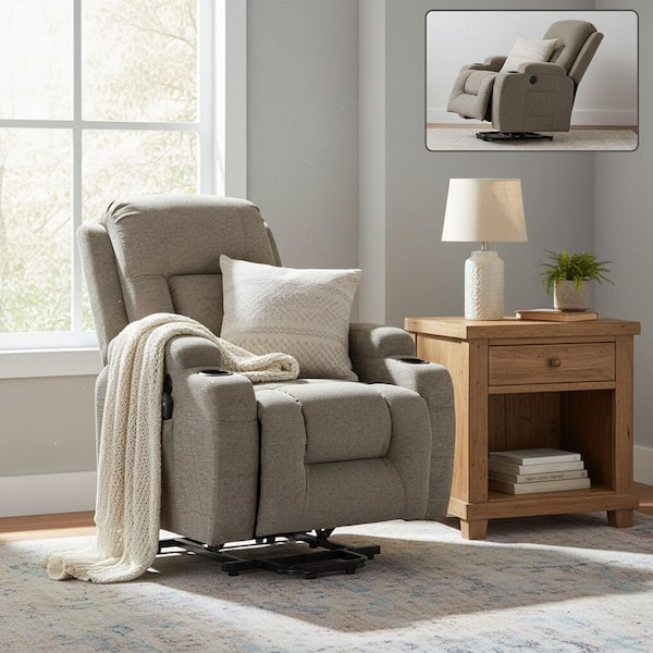 Clihome Brown Single Motor Power Lift Recliner Chair Polyester Massage Chair with USB Charging Port, Cup Holders