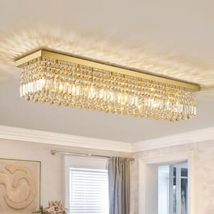 Modern 47 in. 10-Lights Gold Rectangle Crystal Chandelier with K9 Crystal Flush Mount Ceiling Lights Fixture