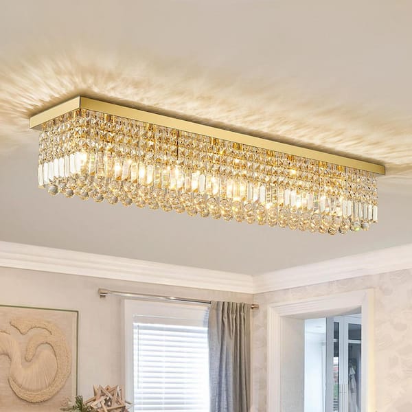 Pacific Core Modern 47 in. 10-Lights Gold Rectangle Crystal Chandelier with K9 Crystal Flush Mount Ceiling Lights Fixture