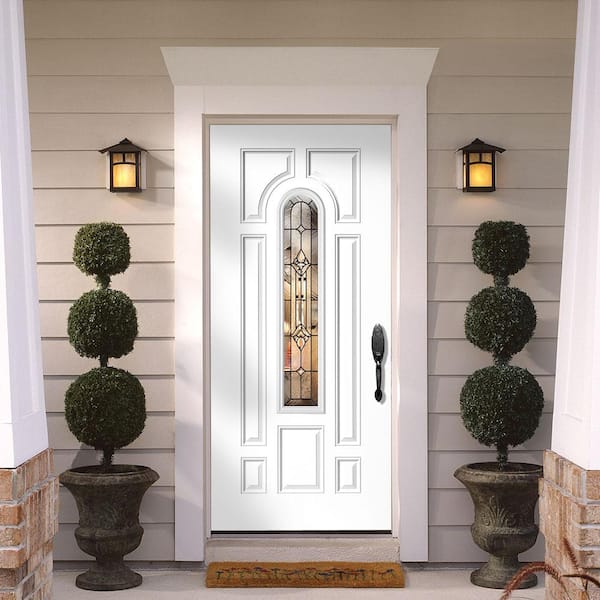 36 in. x 80 in. Providence Center Arch Left Hand Inswing Primed Steel Prehung Front Exterior Door with Brickmold
