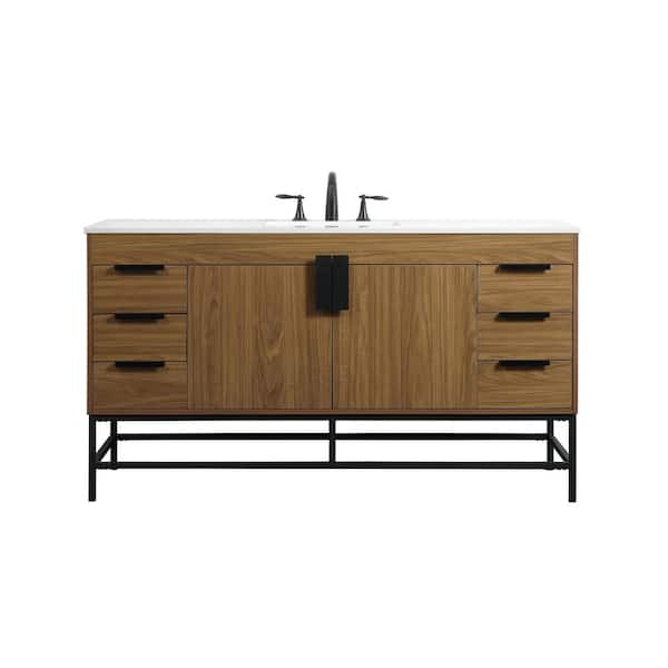 Unbranded Simply Living 60 in. W x 22 in. D x 33.5 in. H Bath Vanity in Walnut Brown with Ivory White Engineered Marble Top