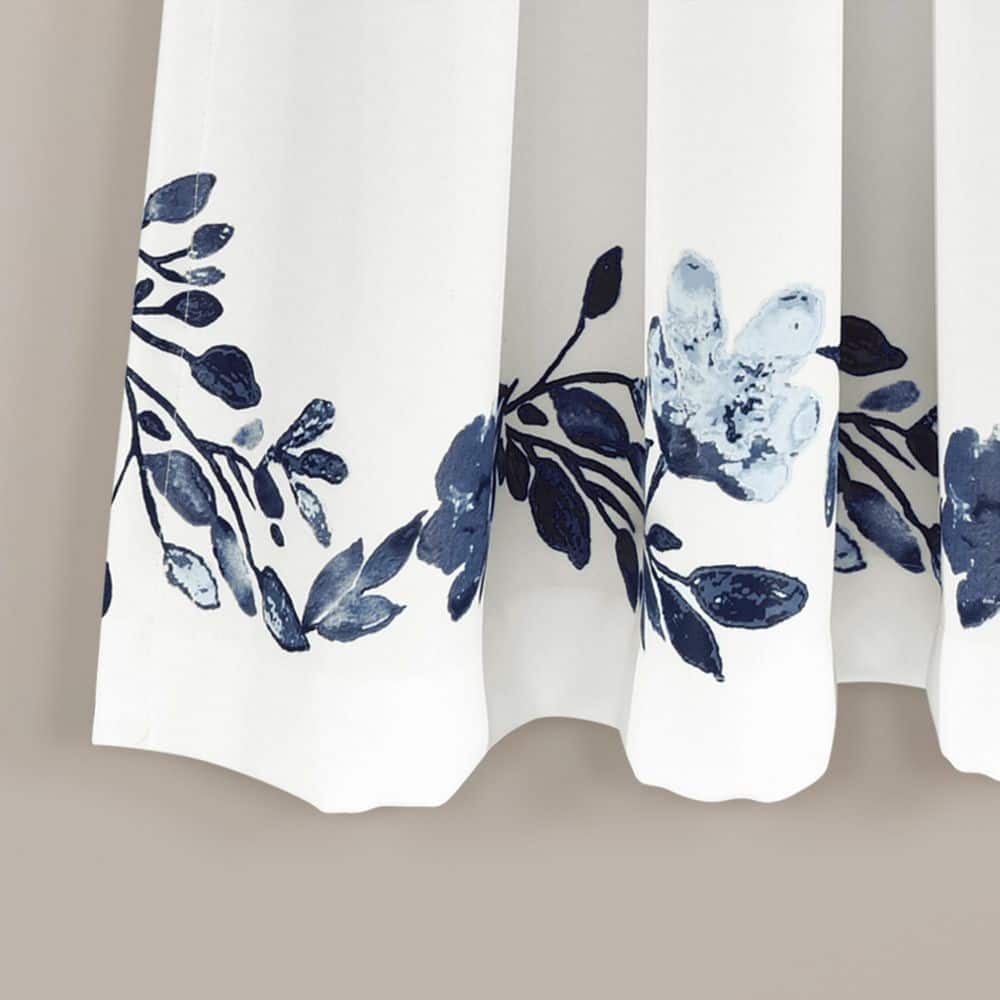 Navy and White Floral Print Blackout Curtain Panels