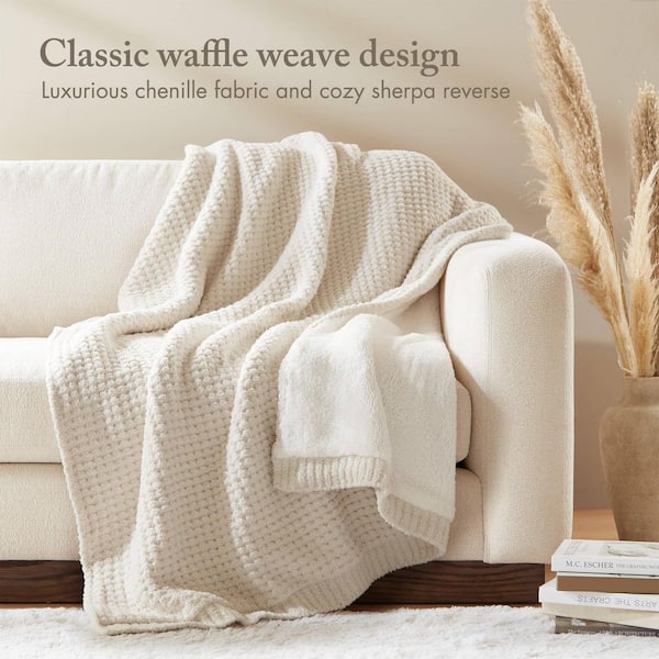 Madison Park Eden Ivory Polyester Waffle Knit Chenille Throw