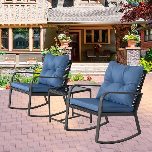 Unbranded 3-Piece Metal Outdoor Bistro Set with Blue Cushions, Rocking Chair ‎Arm Rest for Yard Garden Poolside