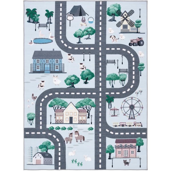 SAFAVIEH Kids Playhouse Blue/Dark Gray Doormat 3 ft. x 5 ft. Machine Washable Novelty Animal Print Area Rug