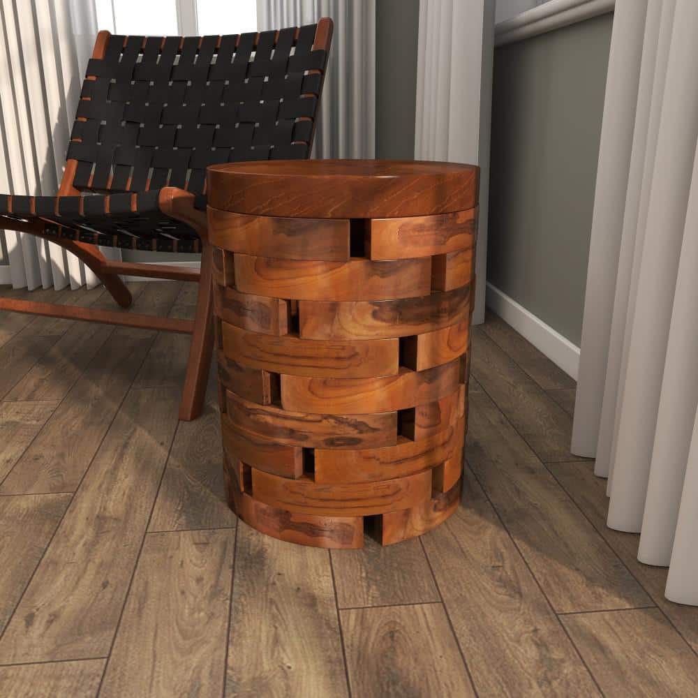 Light Brown Teak Wood Round Live Edge Accent Table 14" x 18"