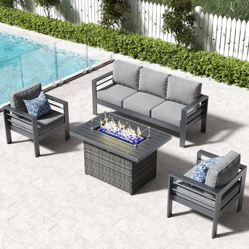 4-Piece Aluminum Patio Conversation Set with Propane Gas Rectangular Fire Pit Table and Gray Cushion price history on PriceWatchPro