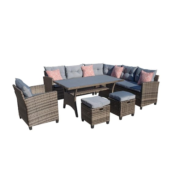 Afoxsos Brown 6-Piece PE Rattan Wicker Patio Set Outdoor Furniture Conversation Set with Gray Cushions