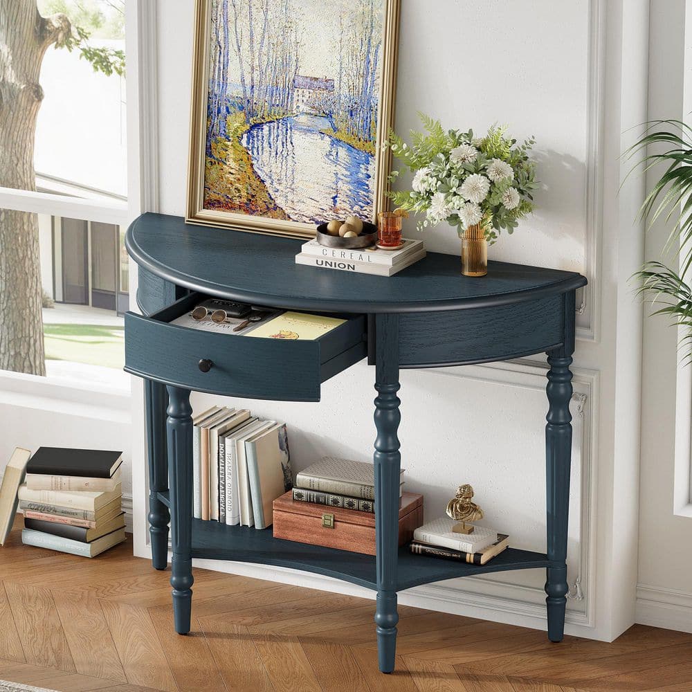 Noble House Cavrin Modern Rustic 39 in. Navy Finish Half-Moon MDF Wood ...