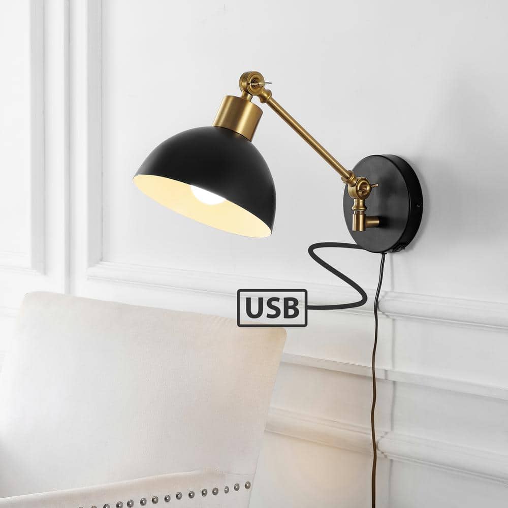 Lisa 18" Black Iron Swing Arm LED Wall Sconce with USB Charging