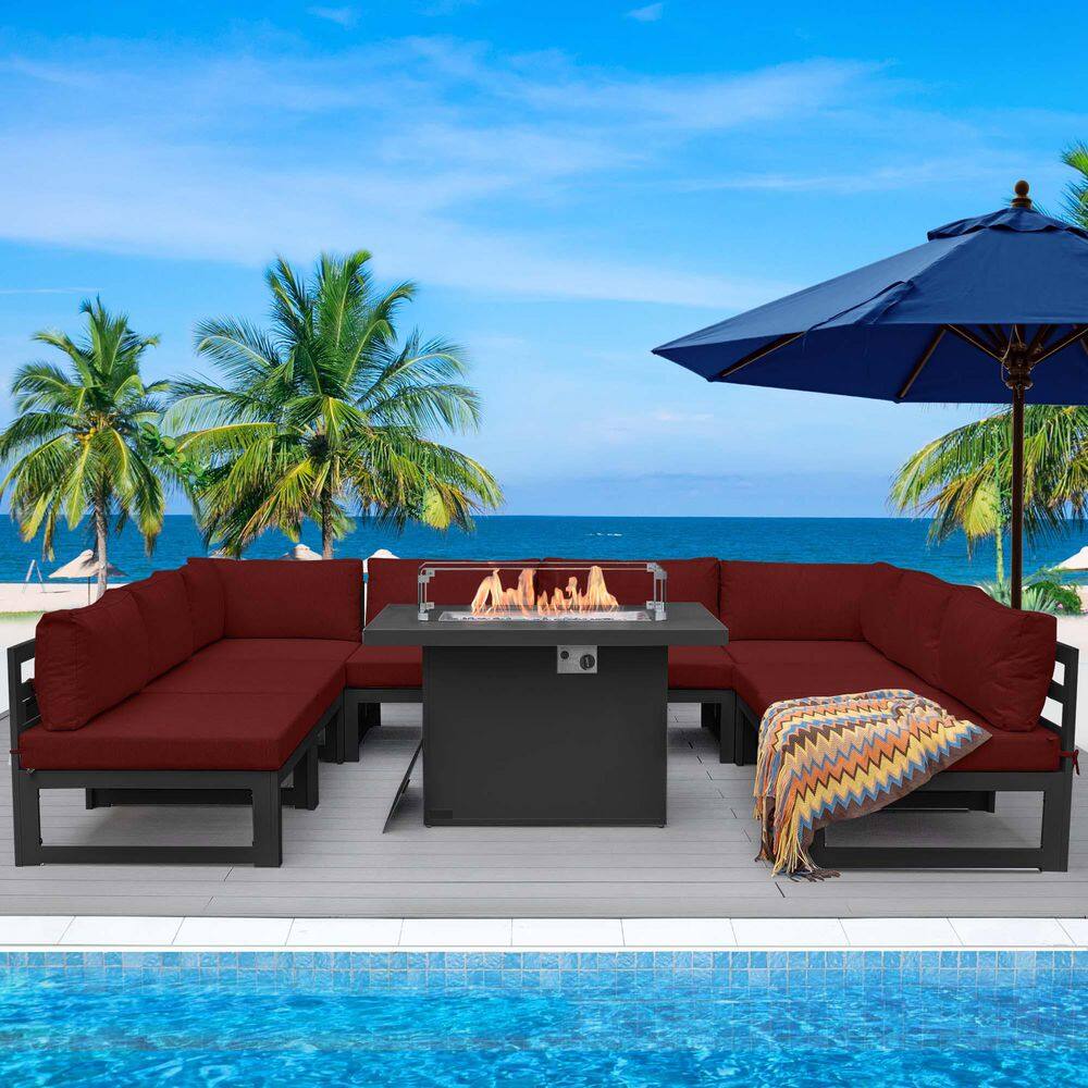Extra Large Gray 9-Piece Aluminum Patio Fire Pit Conversation Set Deep Seat