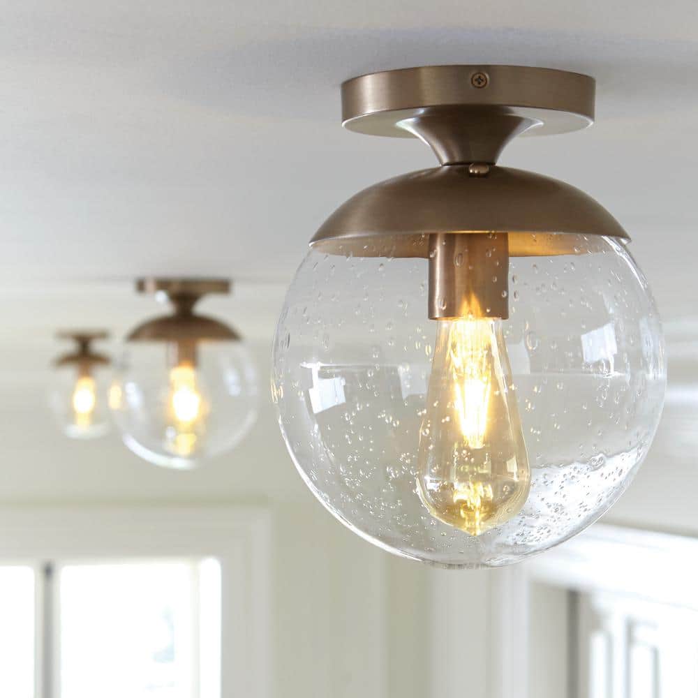 Satin Brass Globe Semi-Flush Mount Light with Clear Glass