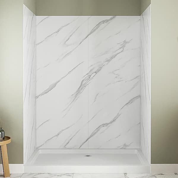 DSH-1240-121 32 in. L x 60 in. W x 76 in. H 4-Piece Glue-Up Corner Shower Wall Surround in White Marble Finish