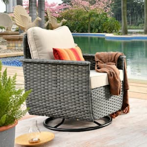 Fortune Dark Gray 1-Piece Wicker Outdoor Patio Conversation Set with Beige Cushions and Swivel Chairs