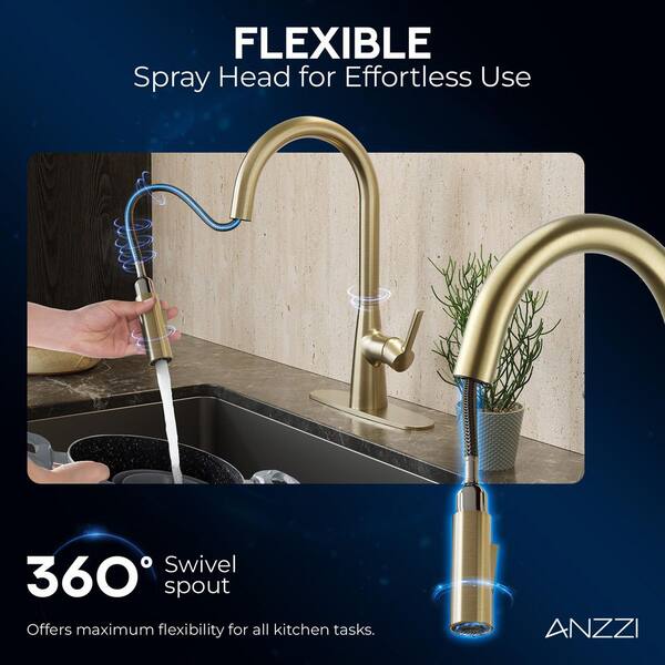 ANZZI Modern Satin Brass 15.86 in. H Pull-Down Kitchen Faucet with