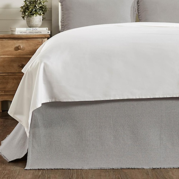 VHC BRANDS Burlap 16 in. Fringed Country Farmhouse Dove Grey King Bed Skirt
