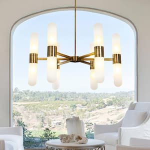 12-Light W 35 in. Modern Wagon Wheel Chandelier in Antique Bronze with Frosted Glass Shade for Dining Room