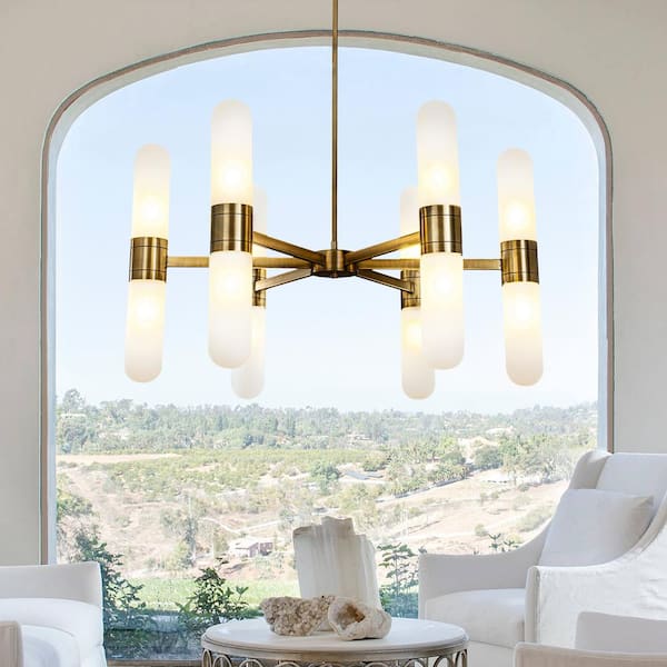 ALOA DECOR 12-Light W 35 in. Modern Wagon Wheel Chandelier in Antique Bronze with Frosted Glass Shade for Dining Room