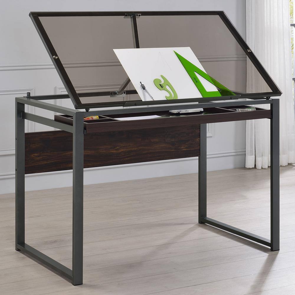 Pantano Dark Gunmetal and Chestnut Glass Top Drafting Desk