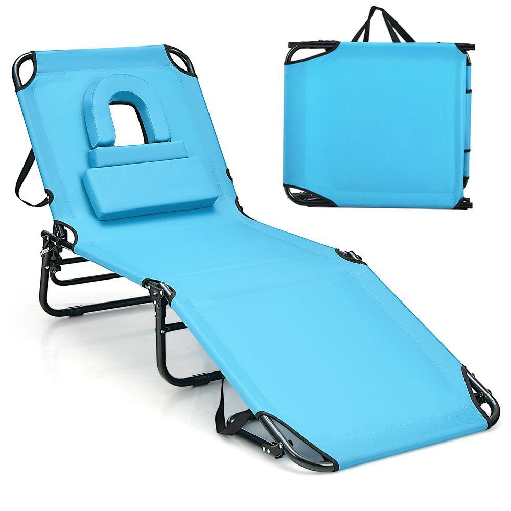 Costway Outdoor Metal Beach Chaise Lounge Chair with Face Hole Pillows