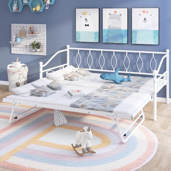 GOJANE White Twin Metal Daybed with Twin Adjustable Trundle Portable Folding Trundle