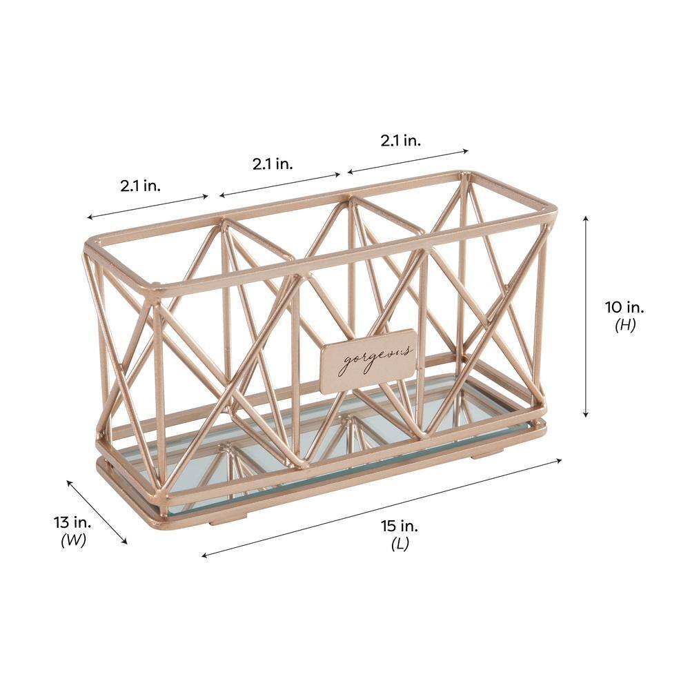Rose Gold Metal 3-Compartment Cosmetic Organizer with Mirrored Base
