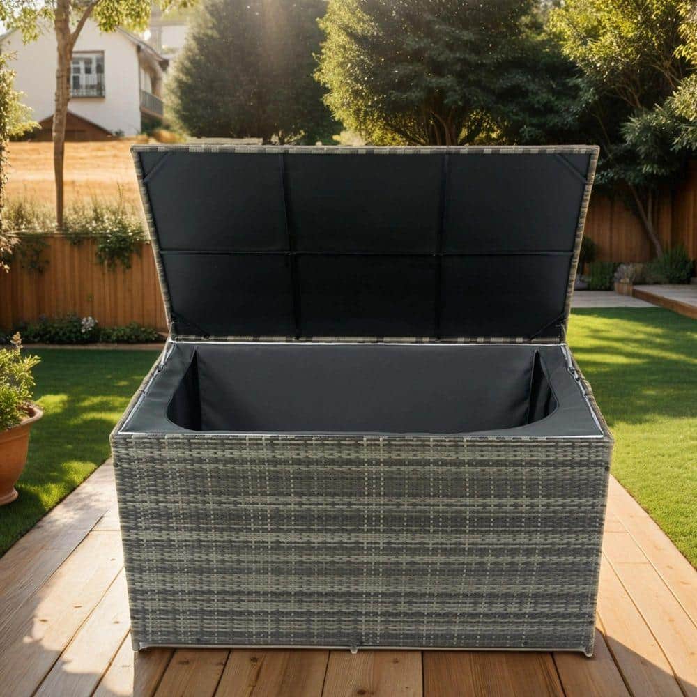 Grey 200 Gal. Wicker Patio Deck Box with Lid, Outdoor Storage Box