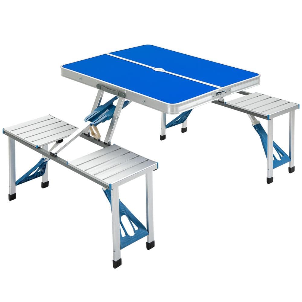 33.80 in Blue Aluminum Rectangle Portable Folding Picnic Table with Umbrell
