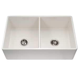 Platus Farmhouse Apron Front Fireclay 33 in. Double Bowl Kitchen Sink in Biscuit with Dual-Mounting Options