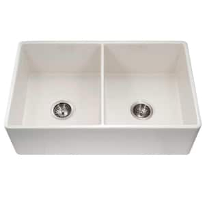 Houzer Platus 33 in. Biscuit Fireclay Apron Front Farmhouse 50/50 Double Bowl Kitchen Sink - PTD-4400 BQ